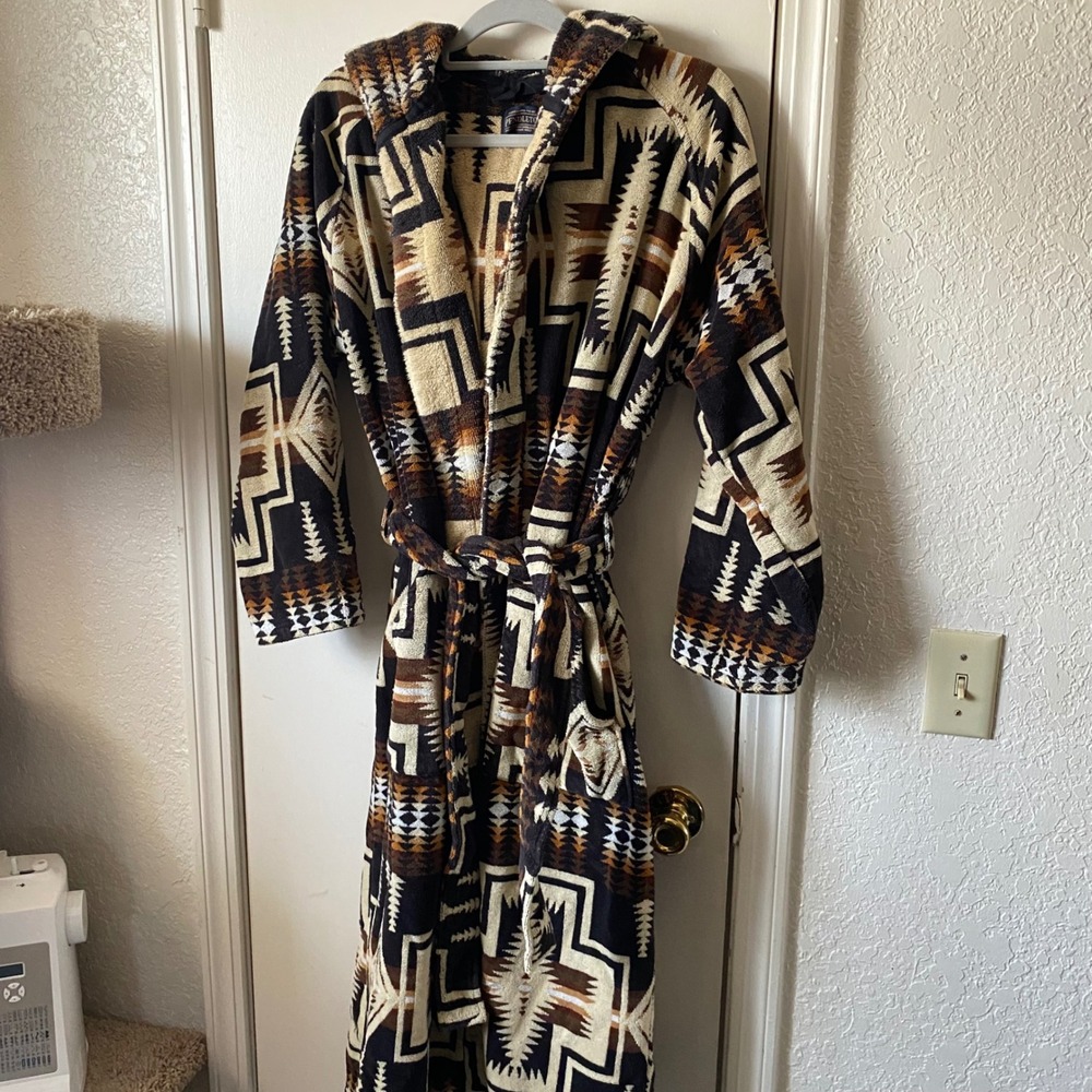 Pendleton Mens Harding Hooded Cotton Terry Robe Brown Tan Black S/M - Picture 5 of 11